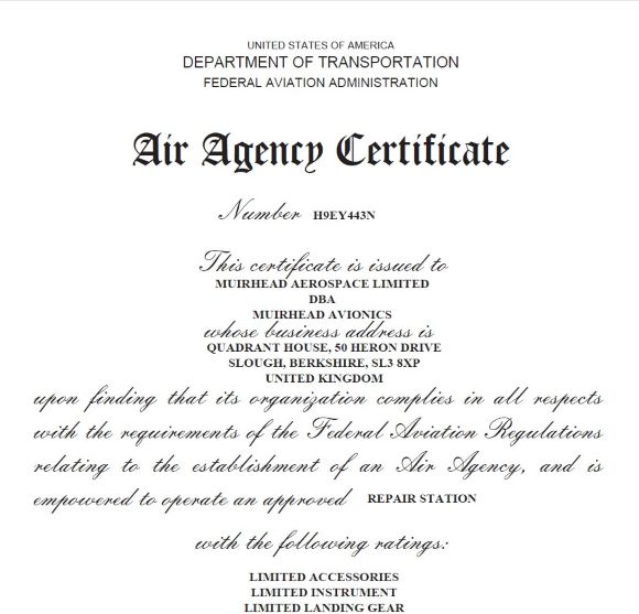 Faa Credentials Example Approval and Certifications| Muirhead Avionics EASA & CAA